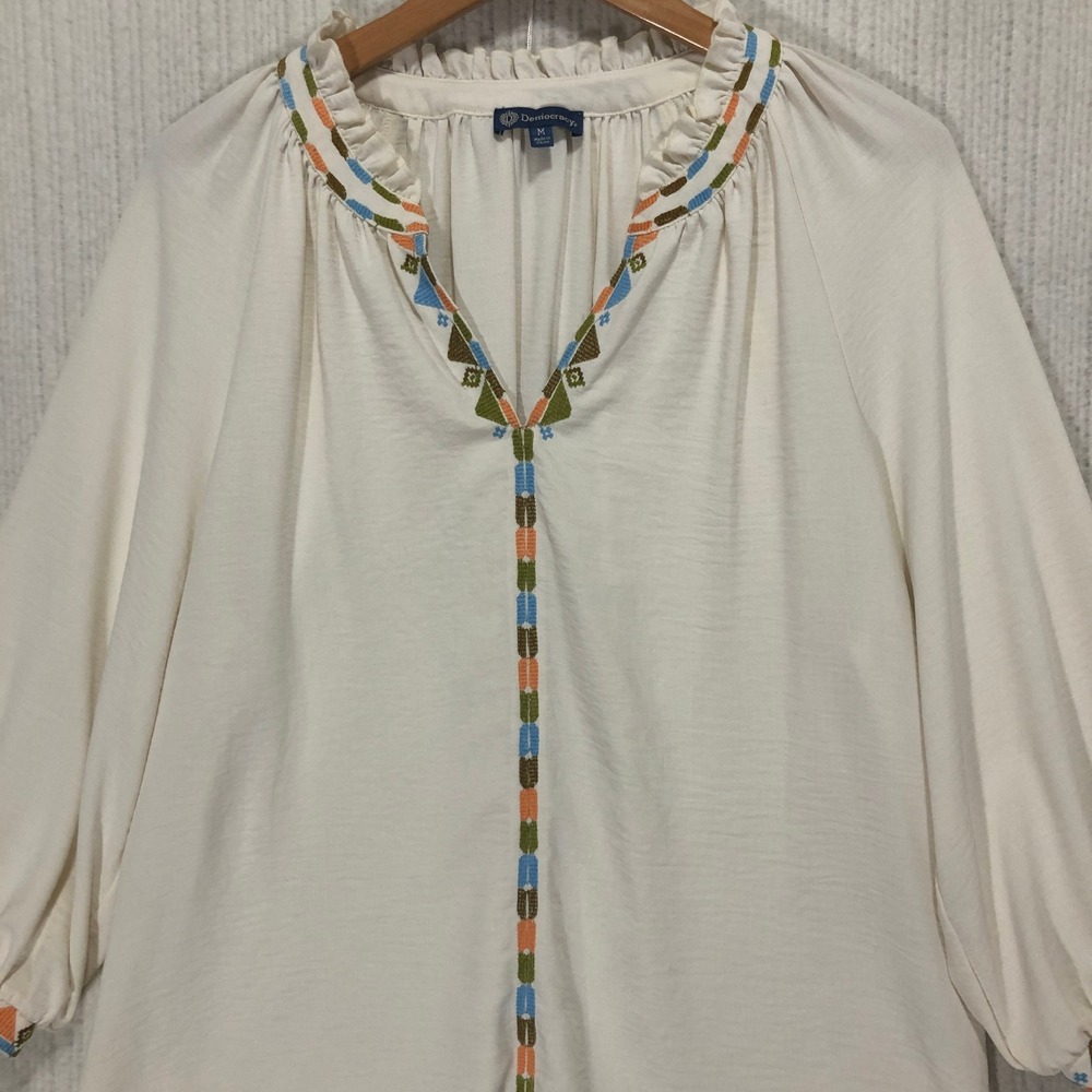 Democracy Cream‎ Embroidered Boho Peasant Blouse Ruffle V Neck Top Womens M
